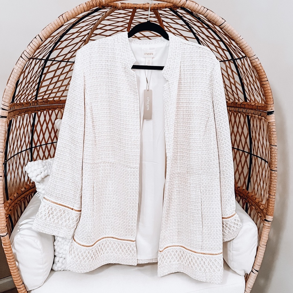 Chico's Long White Jacket w/ Gold Trim